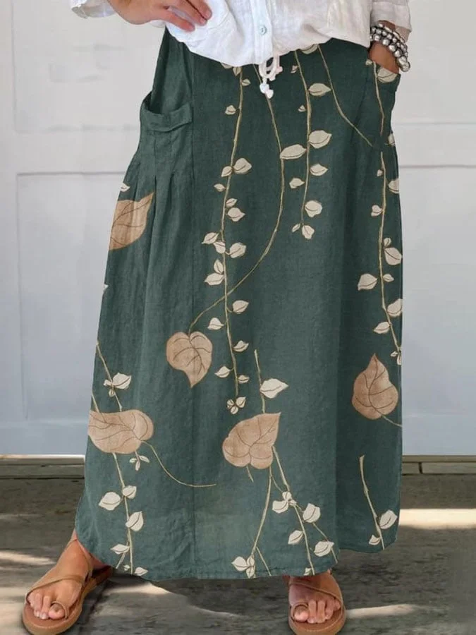 Women'S Elegant Retro Floral Art Print Casual Linen Pocket Skirt