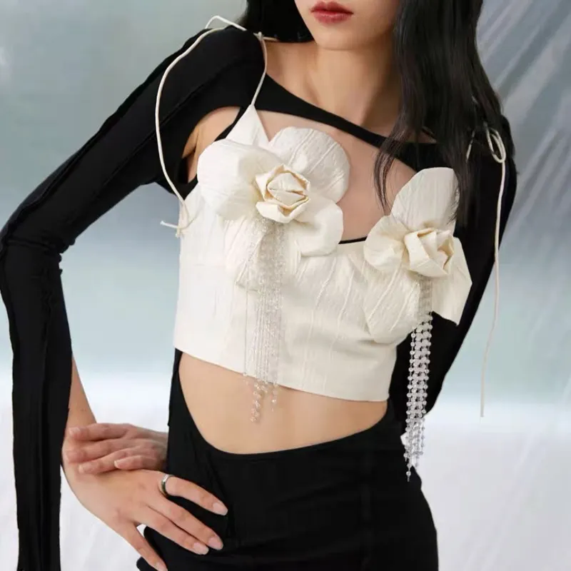 Fall Sleeveless Drawstring Bow Rhinestone Beadings Tassel Beige Camisole Women Gc709