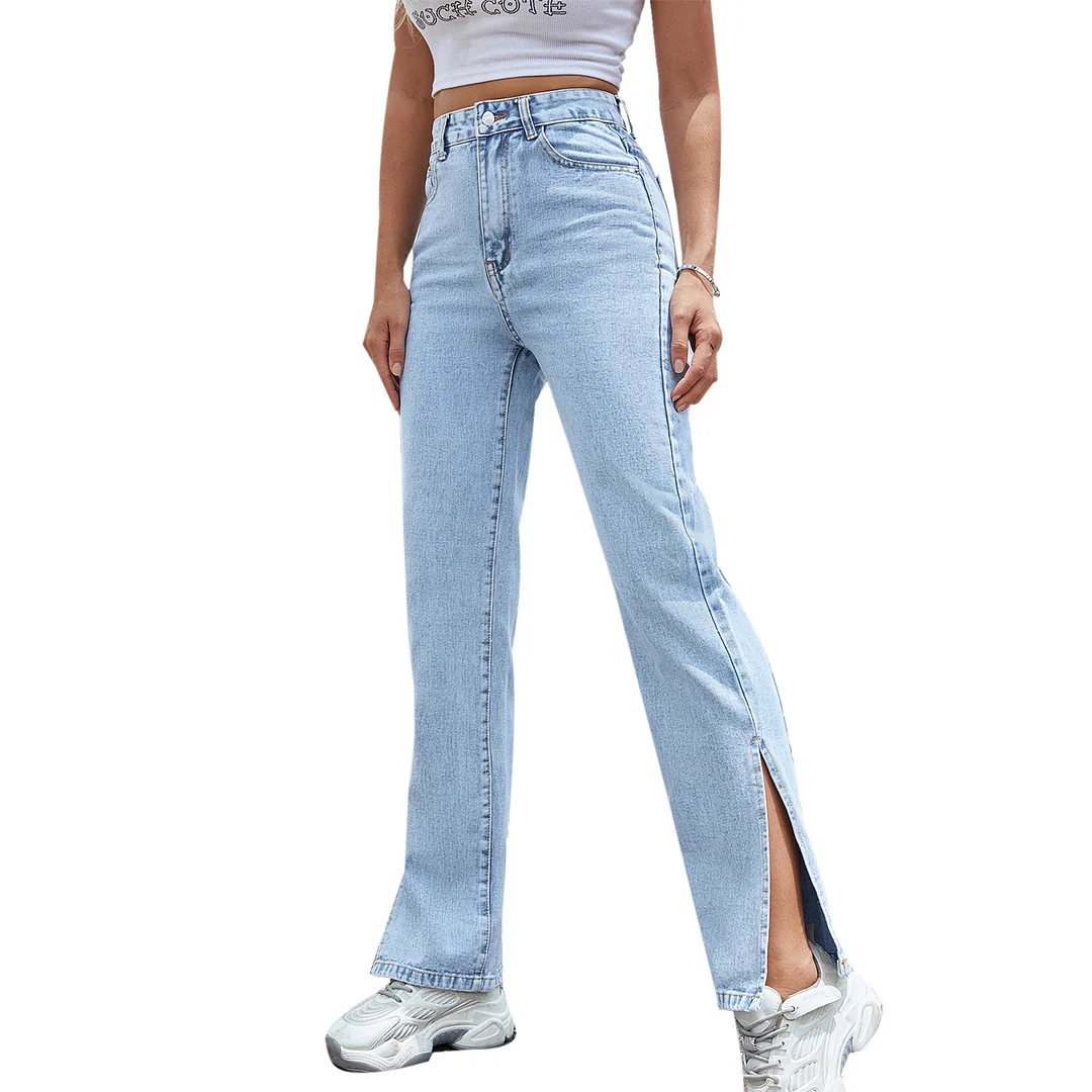 Women's INS Split Wide Leg Straight Loose High Waist Skinny Denim Jeans