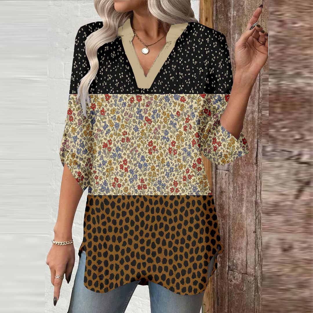 Women Floral,Black,Brown,Beige DZGA0301 3/4 Sleeve V-neck Printed Graphic Button Tops