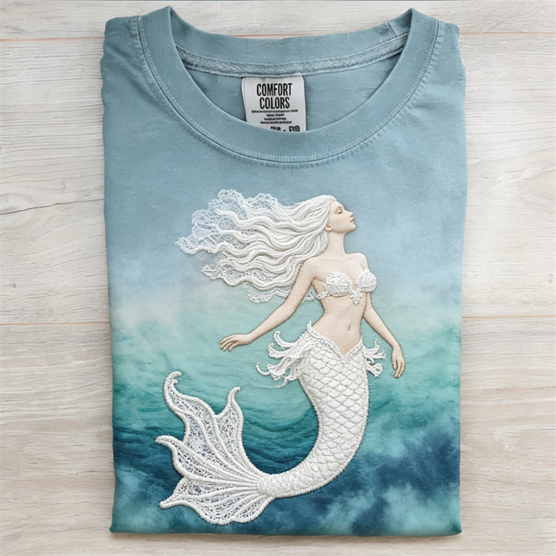 Dreamy Mermaid White Lace Seascape Washed T Shirt wearshes