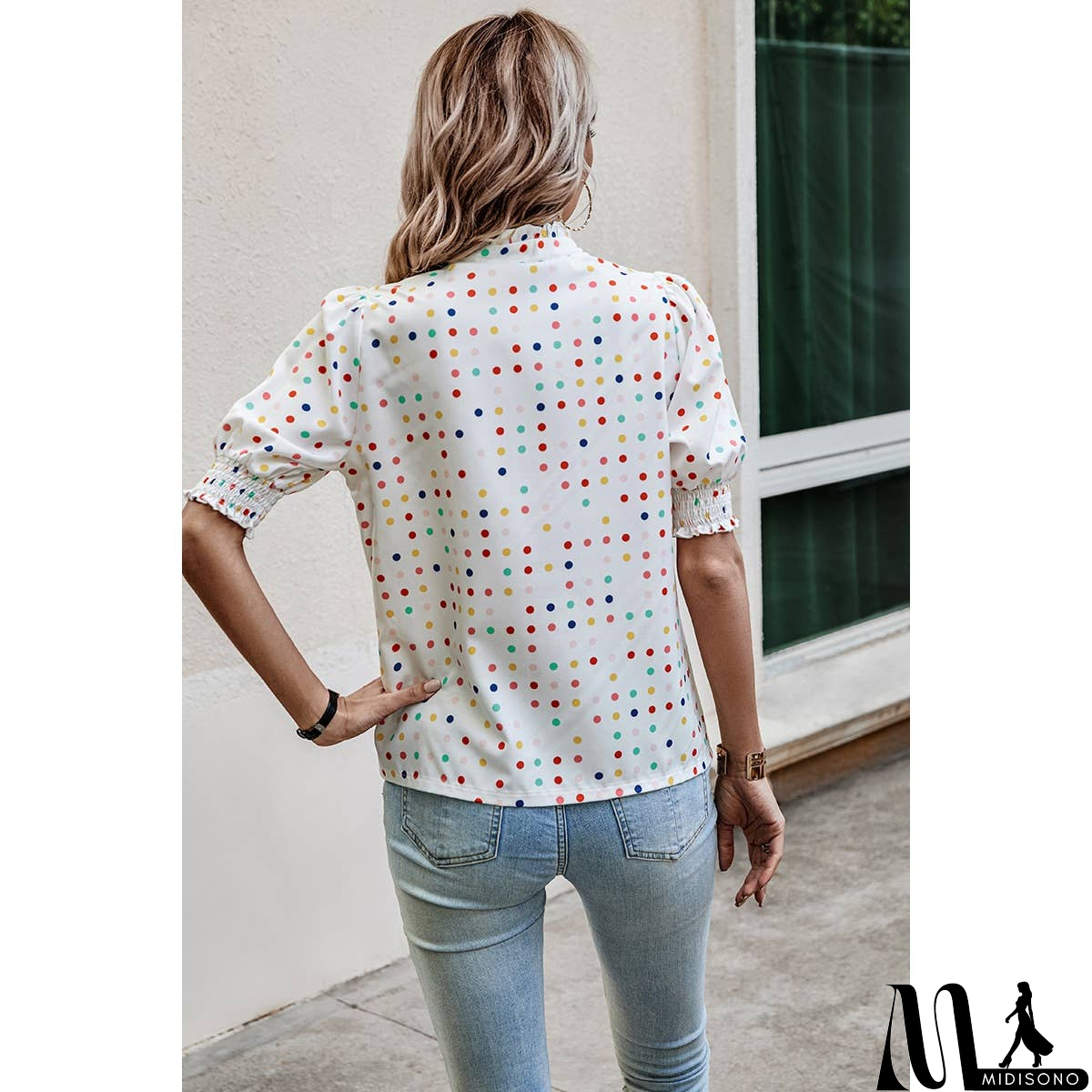MidiSono - Polka Dot Print Puff Sleeve Button Shirt