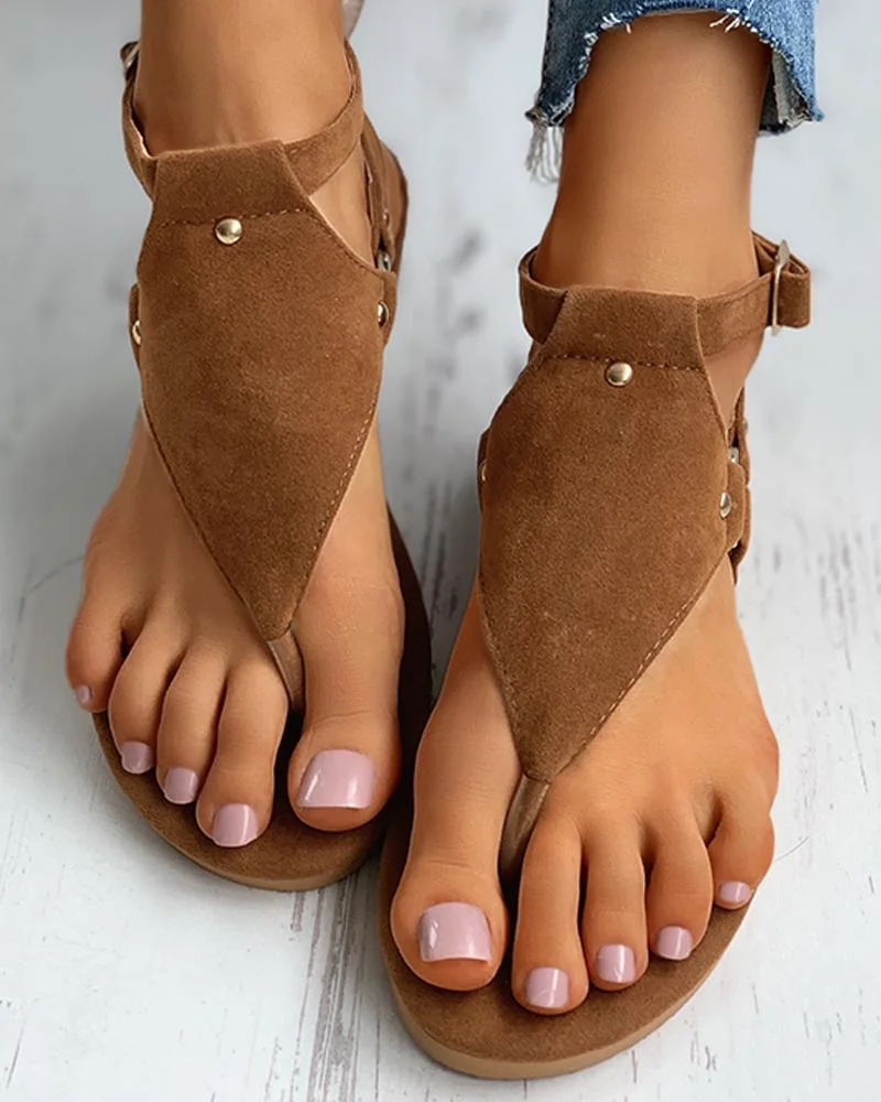 Toe Post Rivet Buttoned Slingback Sandals