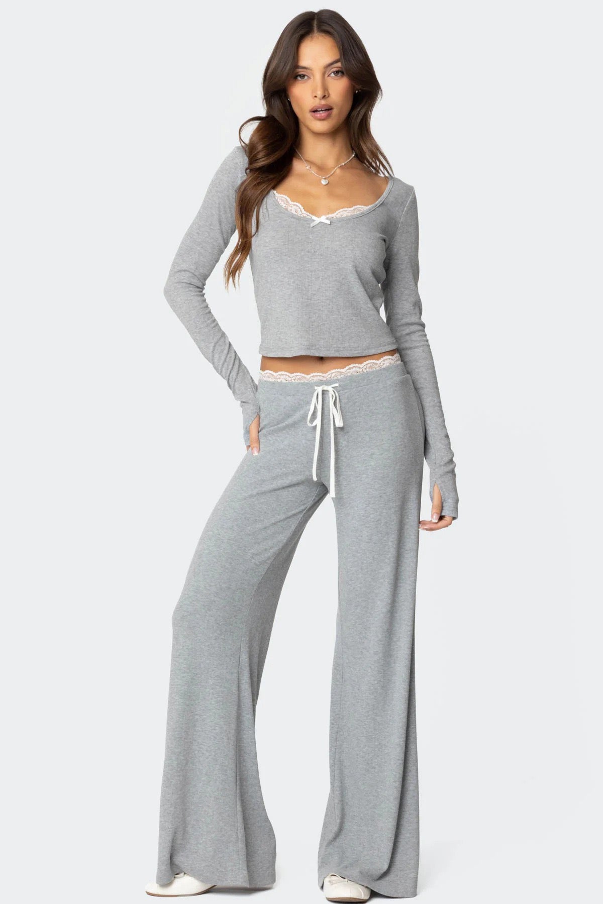 Lace Trim Long Sleeve Top & Flare Pant Two Piece Set