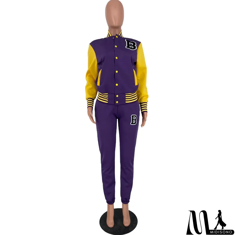 MidiSono - Women Letter Baseball Jacket and Pant Two-Piece Set