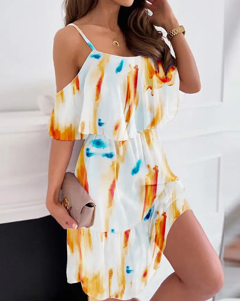 Mature Women Flower Printed Ruffled Suspender Dress Summer Off-the-shoulder Strap Dresses