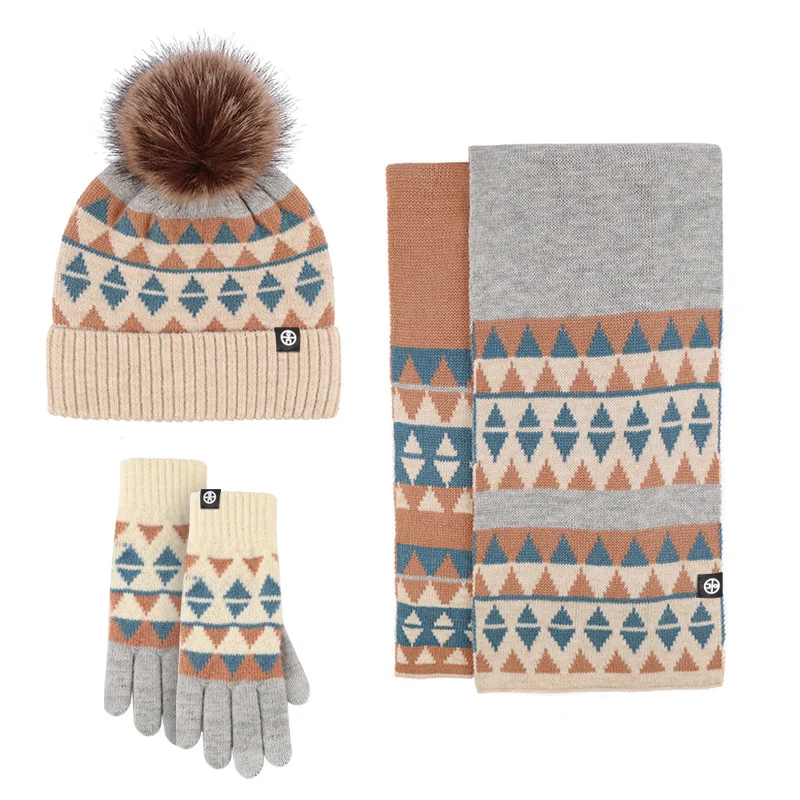 Unisex Christmas Snowflake Hat Gloves Scarf Knitted Set