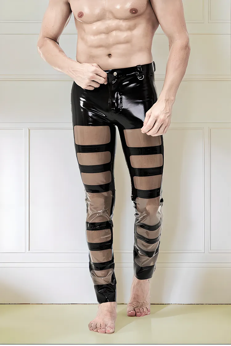 Men's Latex Leggings Male Panelled Romper Panelled Skinny Black & Translucent Pants 