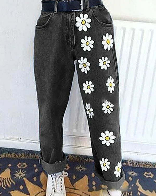 casual floral print loose long denim pants jeans p94637