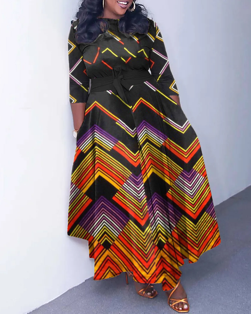 Colorful Geometric Curves Long Sleeve Pockets Maxi Dress