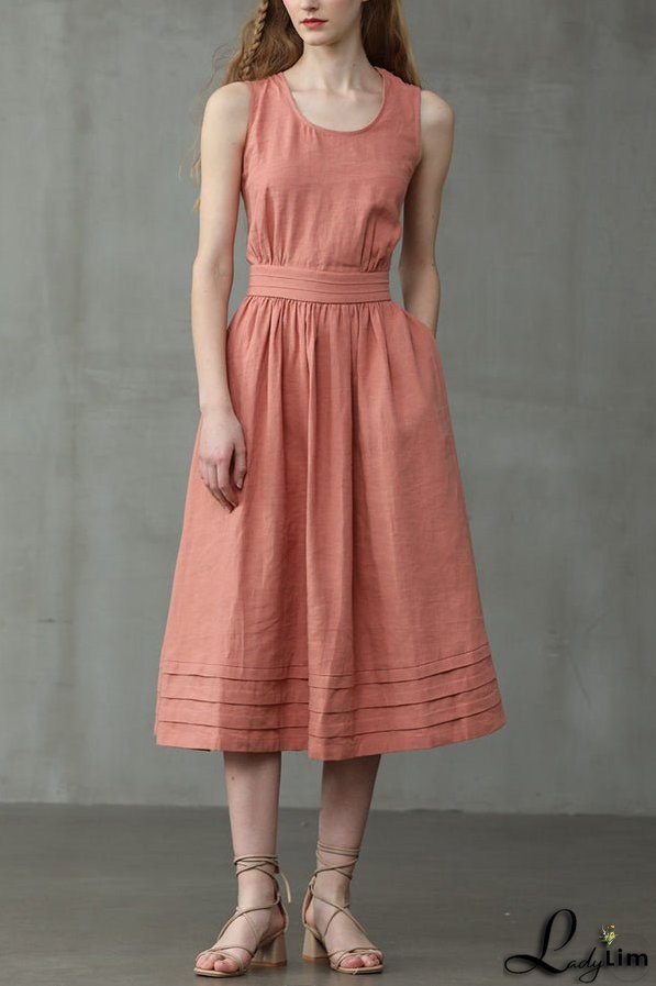 Cross Back O Neck Maxi Linen Dress