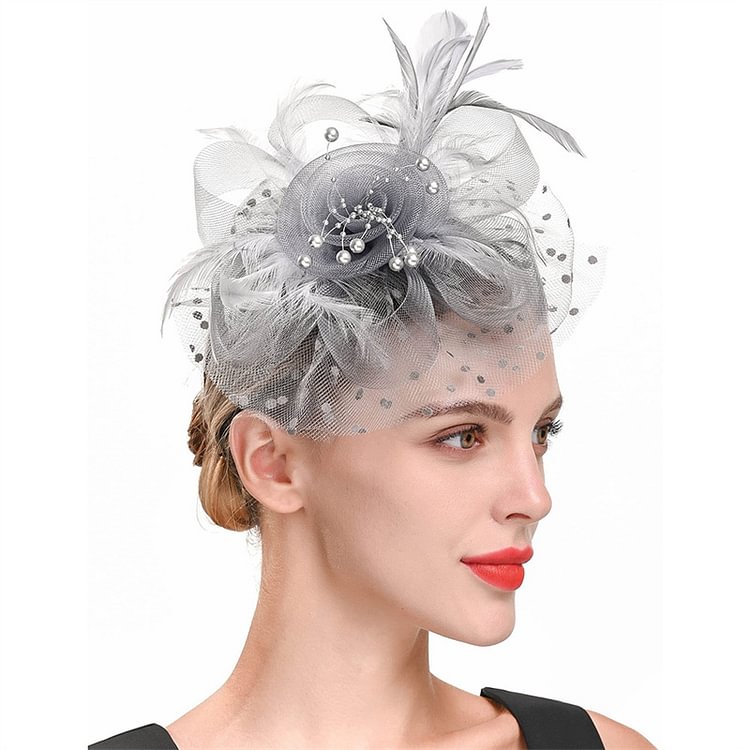 Banquet Grey Retro Mesh Feather Bead Headwear  Flycurvy [product_label]