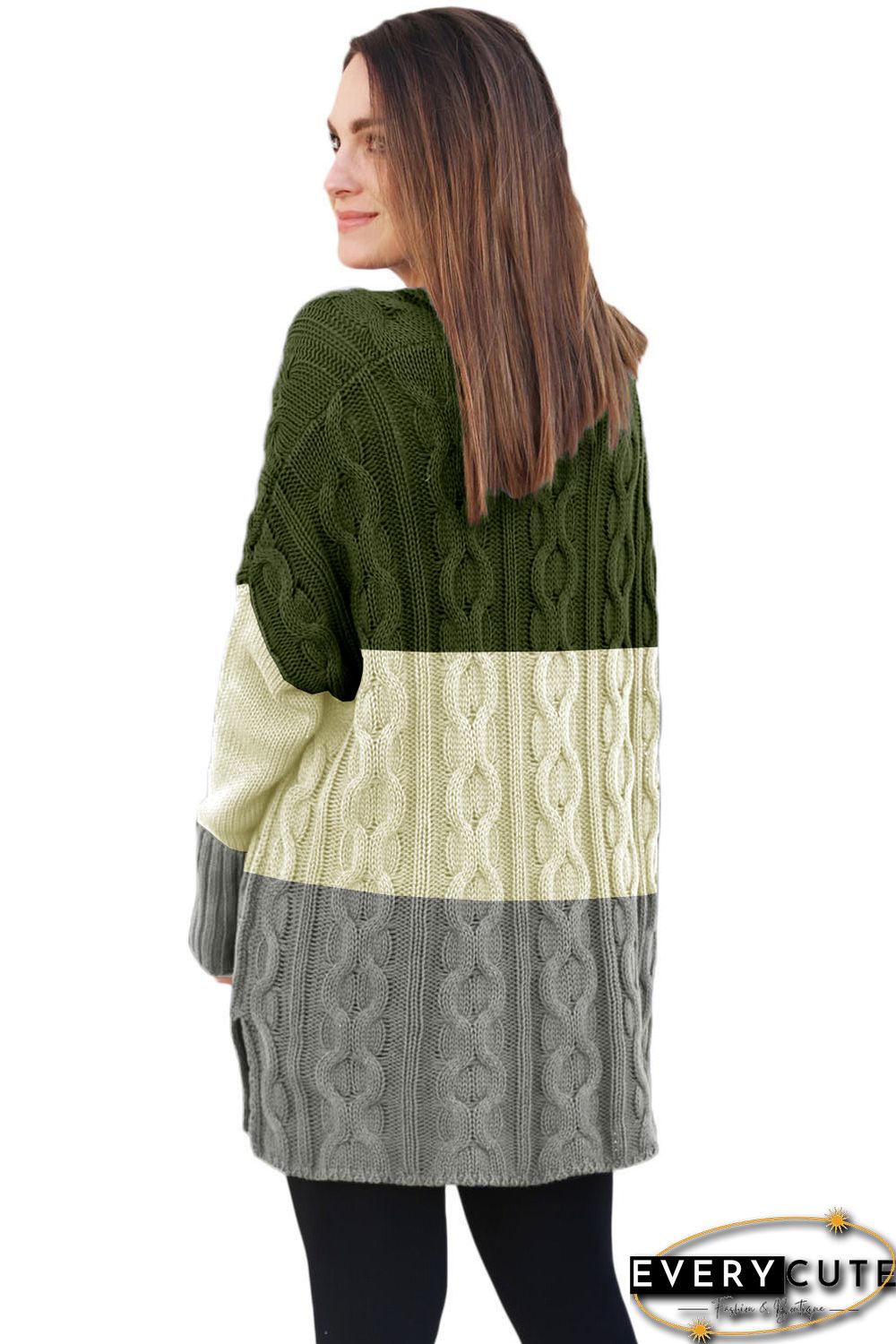 Green Colorblock Cable Knit Sweater with Slits