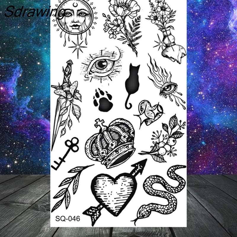Sdrawing Butterfly Anchor Lion Wolf Temporary Tattoos For Women Men Skeleton Whale Elephant Fake Tattoo Neck Arm Hands Small Tatoo