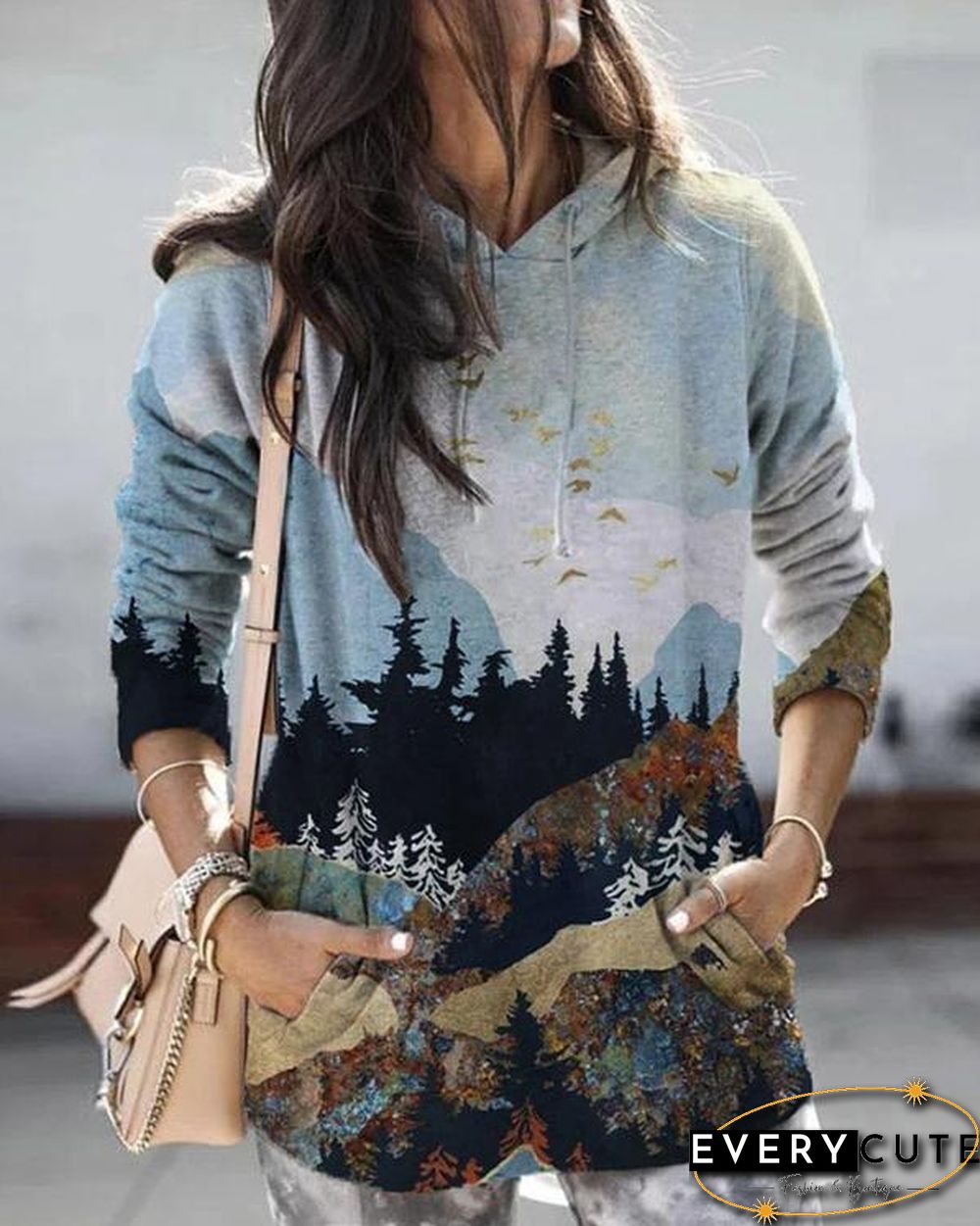 Women Landscape Print Long Sleeve Hooded Casual Hoodie