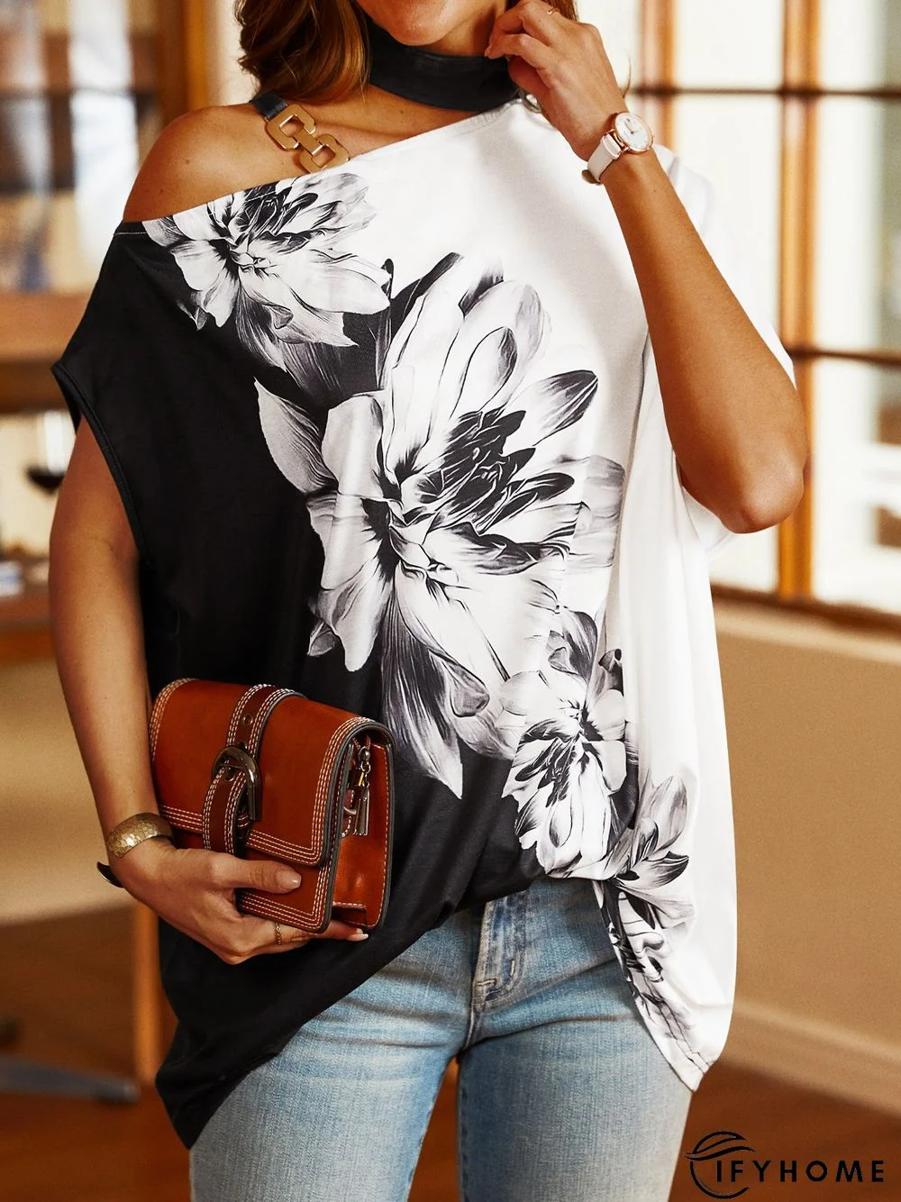 Floral Casual One Shoulder Short Sleeve T-Shirt | IFYHOME