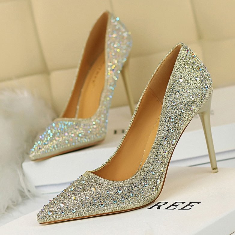 2019 New Women Pumps Glitter Crystal High Heels For Women Shoes Gold Black Elegant Wedding Chaussures Femme Stiletto  9219-22