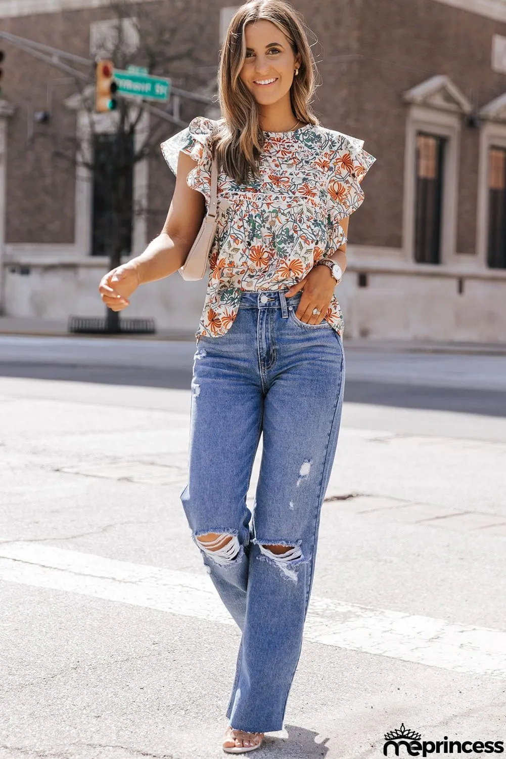 Printed Butterfly Sleeve Round Neck Blouse
