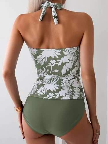 Womens Halter Ruched Tummy Control Two Piece Tankini 