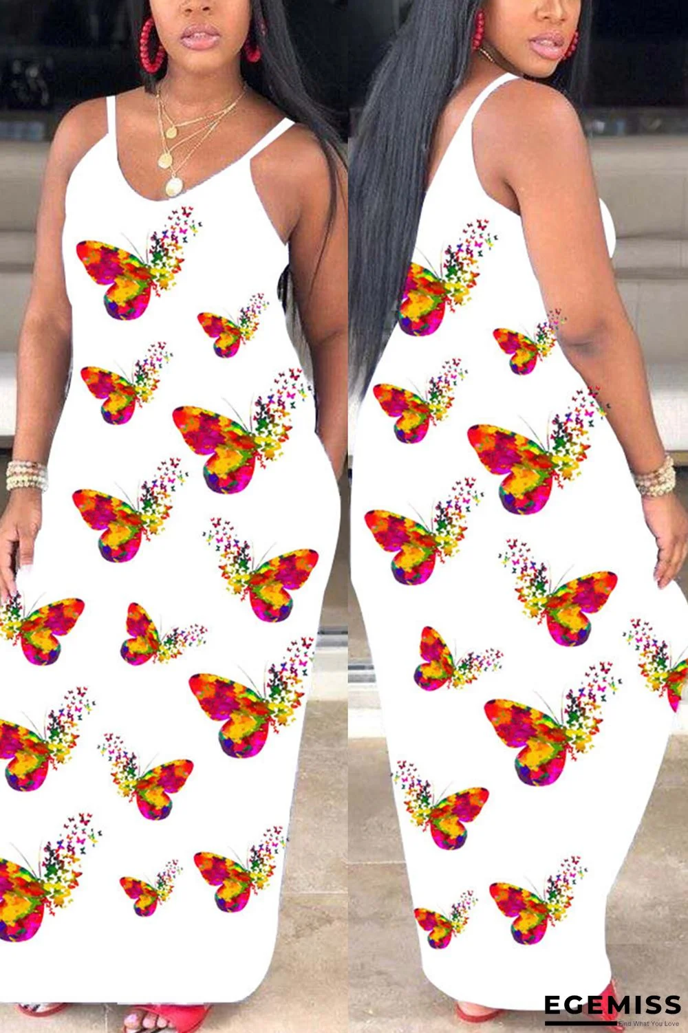 White Sexy Butterfly Print Sling Loose Dress | EGEMISS