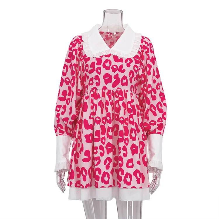 Ueong Ueong Spring New Dress Fashion Long Sleeve High Waist Print A-Line Skirt Doll Collar Fluffy Skirt