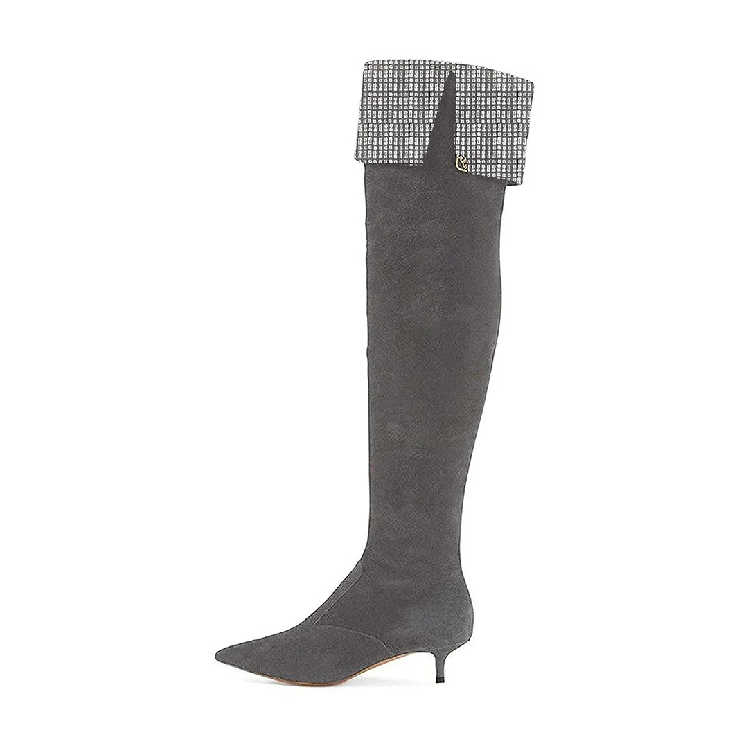 Faux Suede Over-The-Knee Rhinestone Embellished Dark Gray Booties