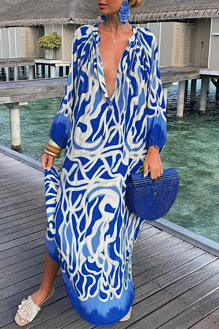 Pattern Print Deep V Neck Long Sleeve Loose Fit Vacation Maxi Dresses-Blue