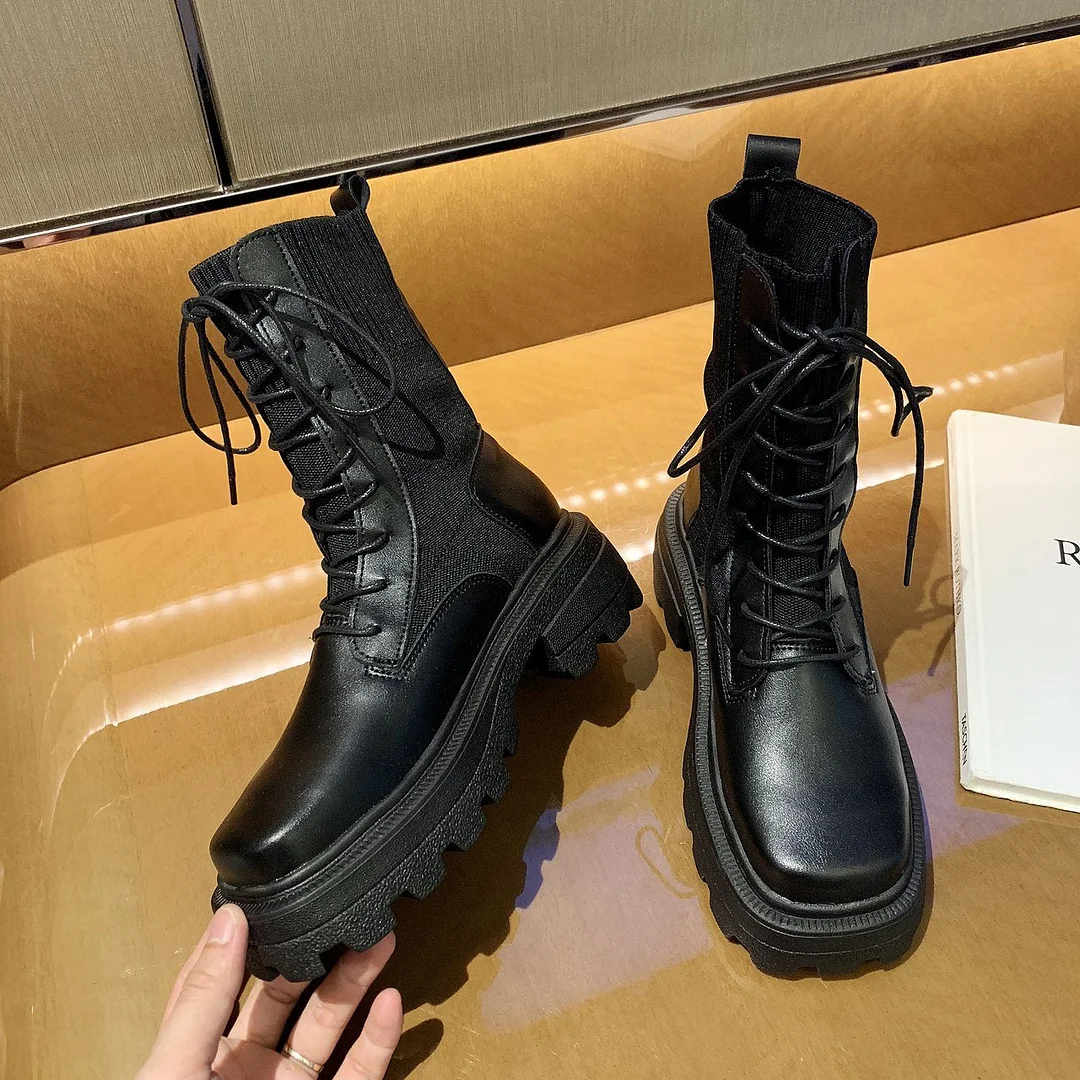Punk Gothic Platform Boots Women Beige Black Sock Boots 2021 New Sexy Lace Up Black PU Leather Combat Mid-Calf Boots Chunky Heel