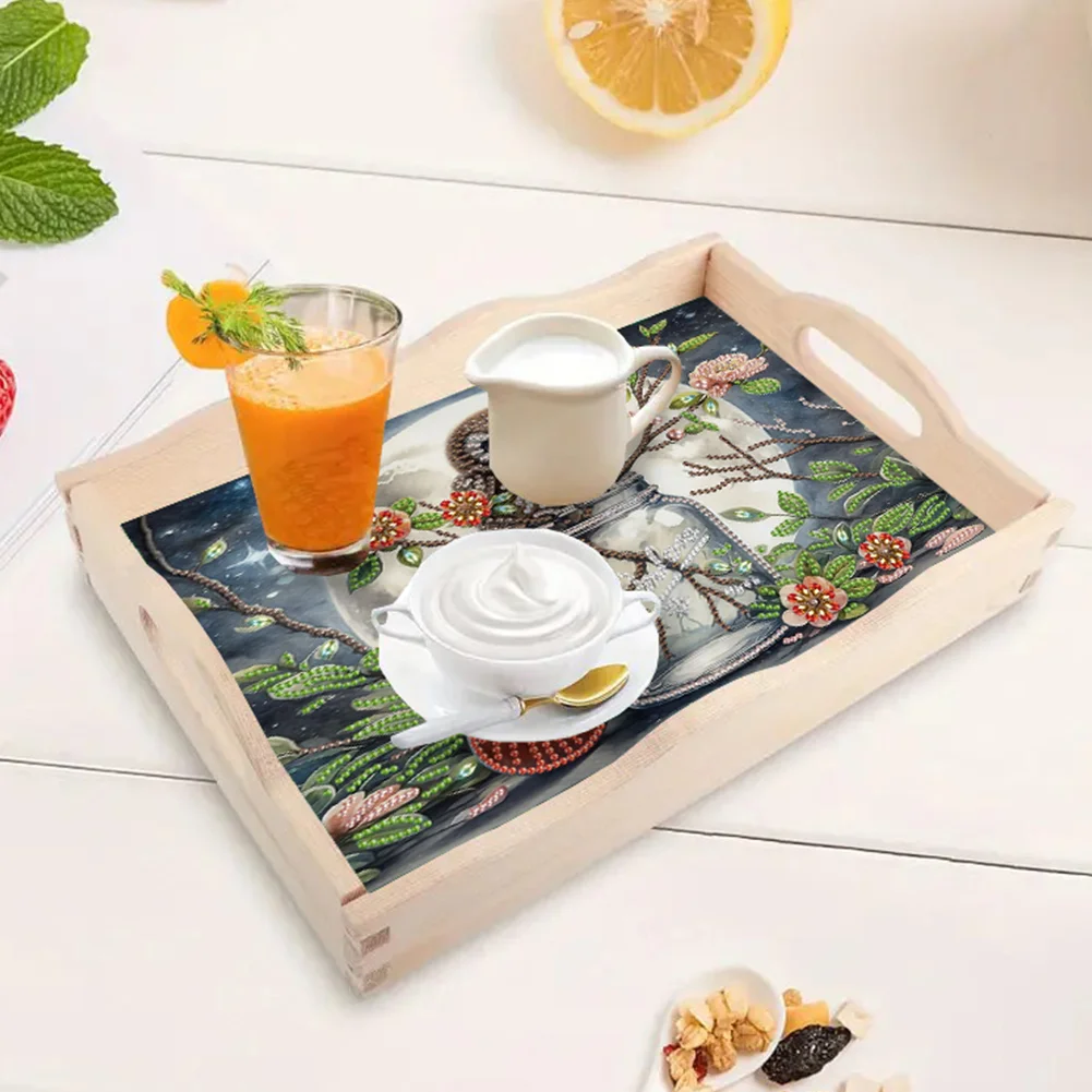 DIY Wooden Moon Vase Owl Diamond Decorative Serving Tray with Handle for Home(30*20cm)