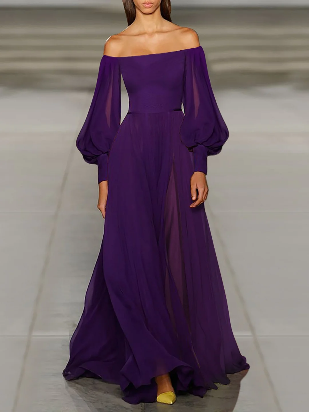Off Shoulder Purple Prom Chiffon Maxi Dress