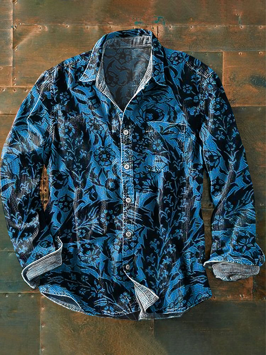 Men's Vintage Abstract Leaf Art Print Lapel Long Sleeve Pocket Shirt