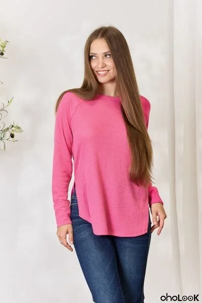 Zenana Round Neck Long Sleeve Slit Top