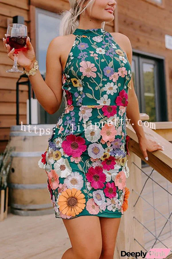 Wish Upon A Dream Floral Applique Halter Mini Dress