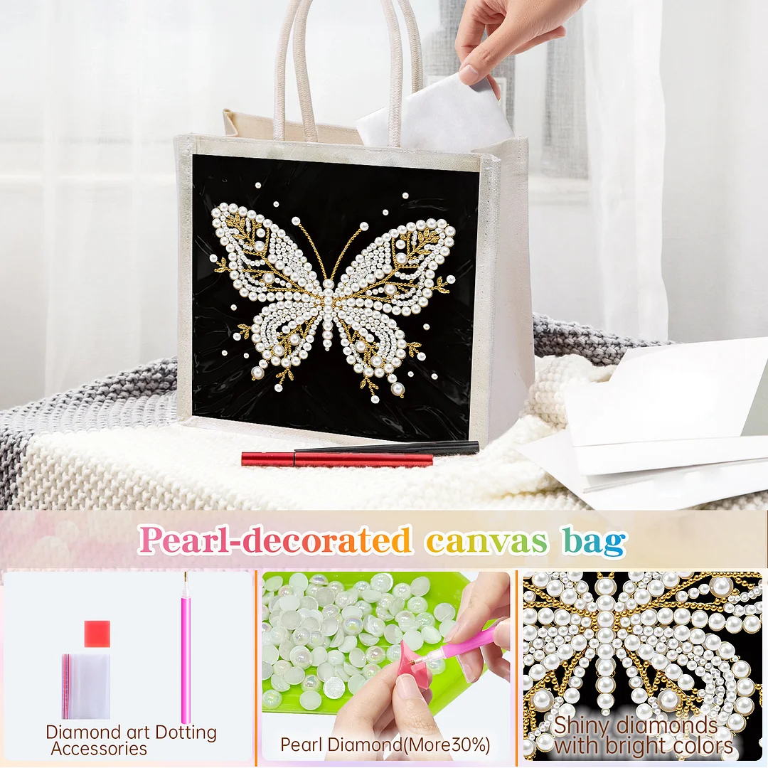 Pearl Butterfly DIY Diamond Painting Shopping Bag Crystal Painting Linen Tote Bags Waterproof Multi-Pocket Diamond Tote Handbag Large Capacity for Adults Beginners