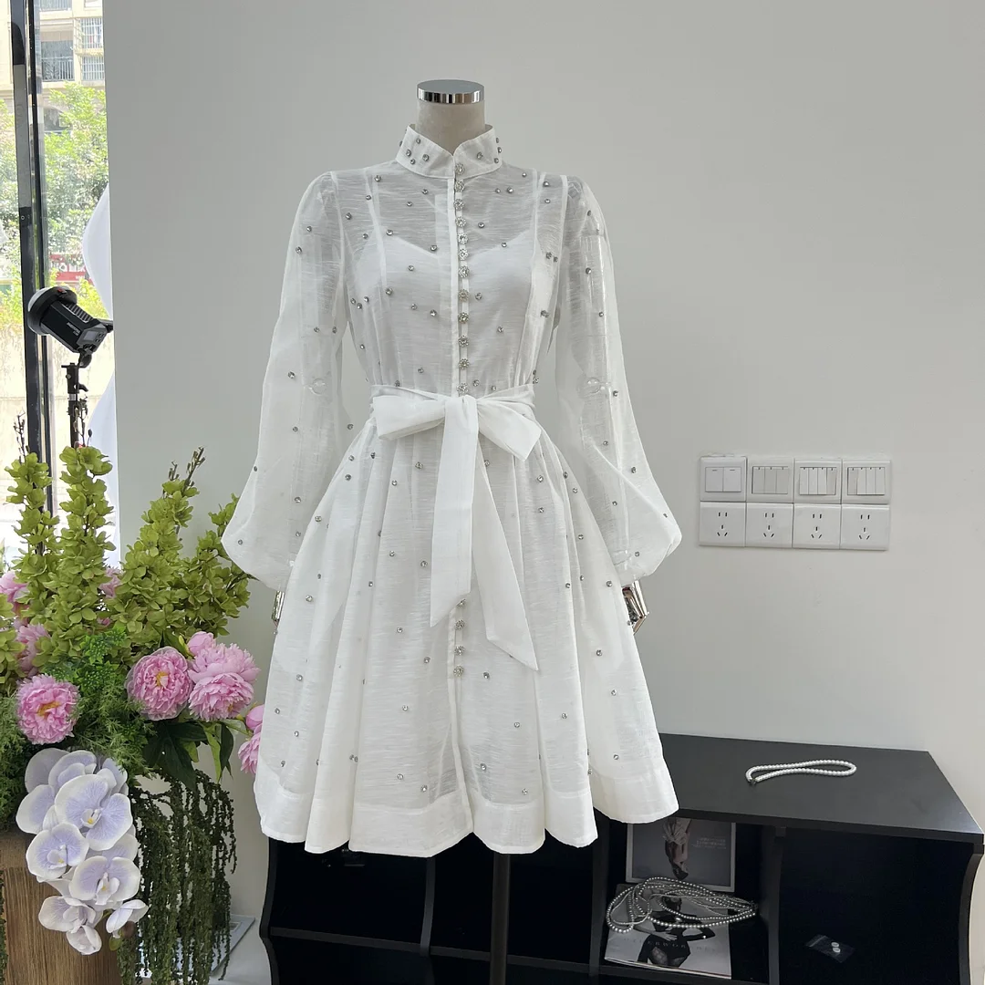 Zingj French Niche Collar Heavy Industry Nail Drill Luxury Wind Bubble Long Sleeve Buckle Waist Dress With Bottom