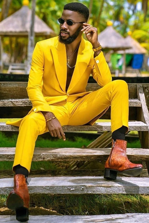 Dresseswow New Design One Button Hot Yellow Prince Prom Suit With Peaked Lapel