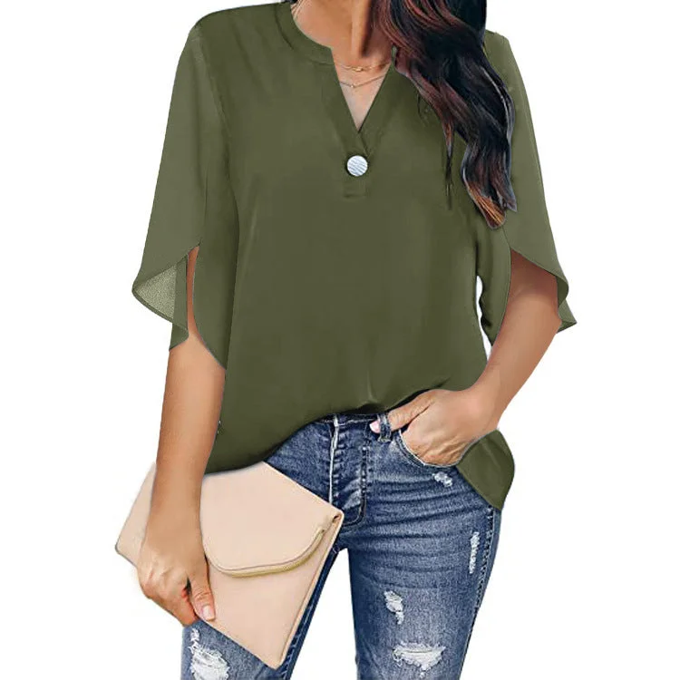 Uveng Short Sleeve Elegant Casual Pullover Solid Color V-neck Chiffon Blouse