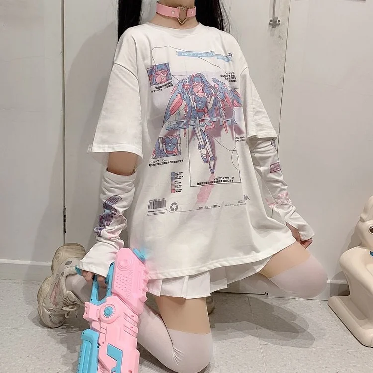 E Girl Anime Graphic Split Sleeves T Shirts - Gotamochi Kawaii Shop, Kawaii Clothes