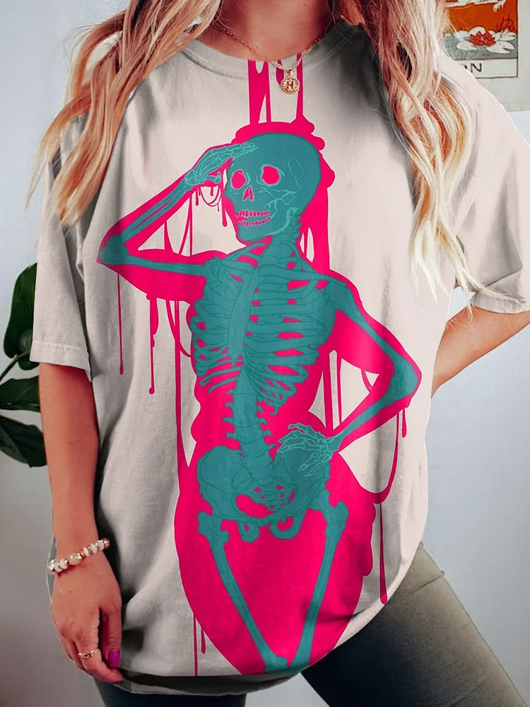 Women's Skull Art Print Crew Neck Causl Shirt