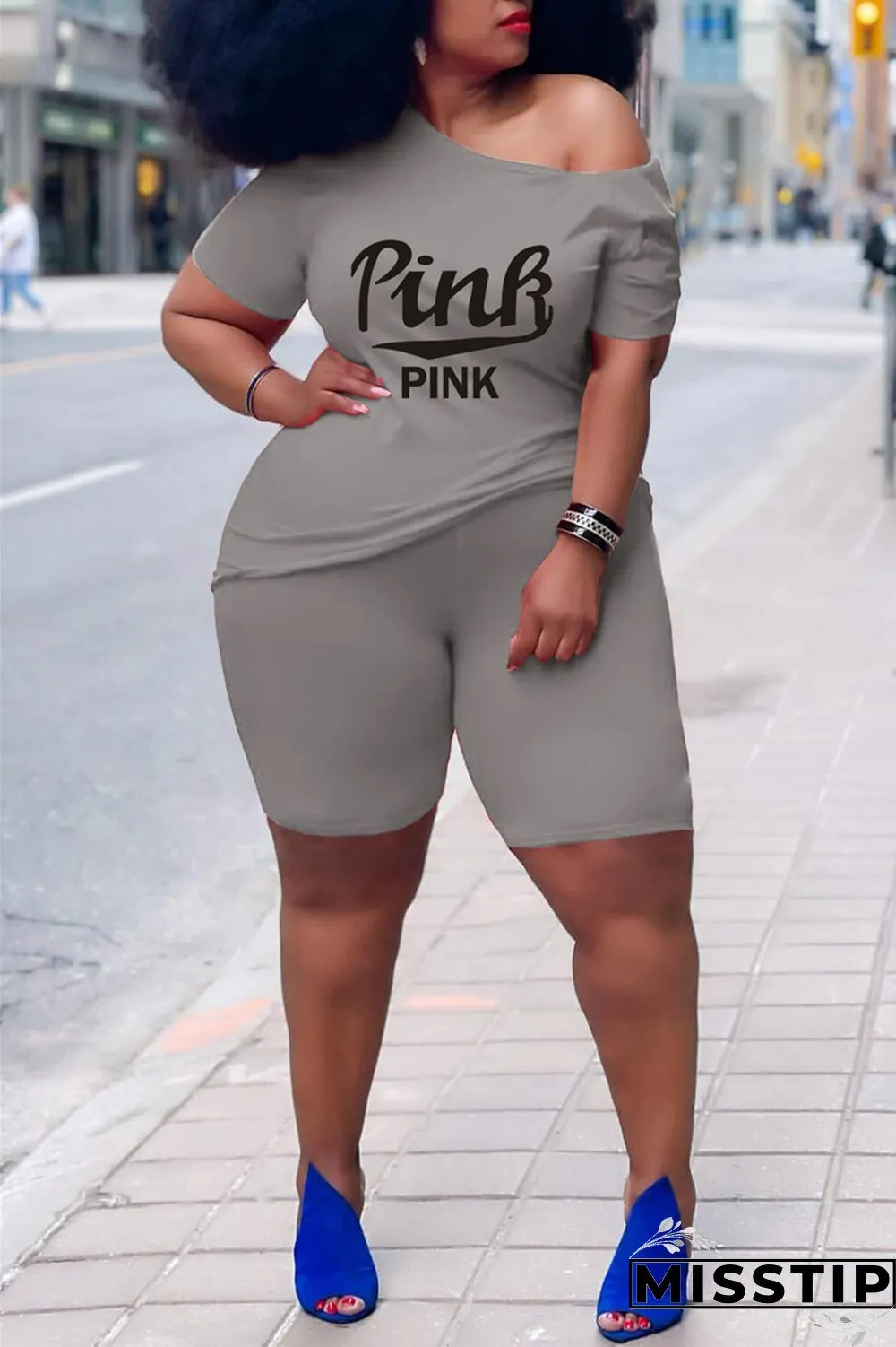 Grey Fashion Casual Letter Print Basic O Neck Plus Size Two Pieces