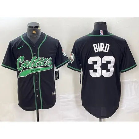 Men's Boston Celtics #33 Larry Bird Black With Patch Stitched Baseball Jersey 7DJ2