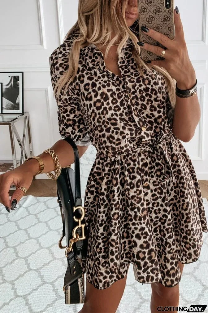 Casual Printed Shirt Mini Dress