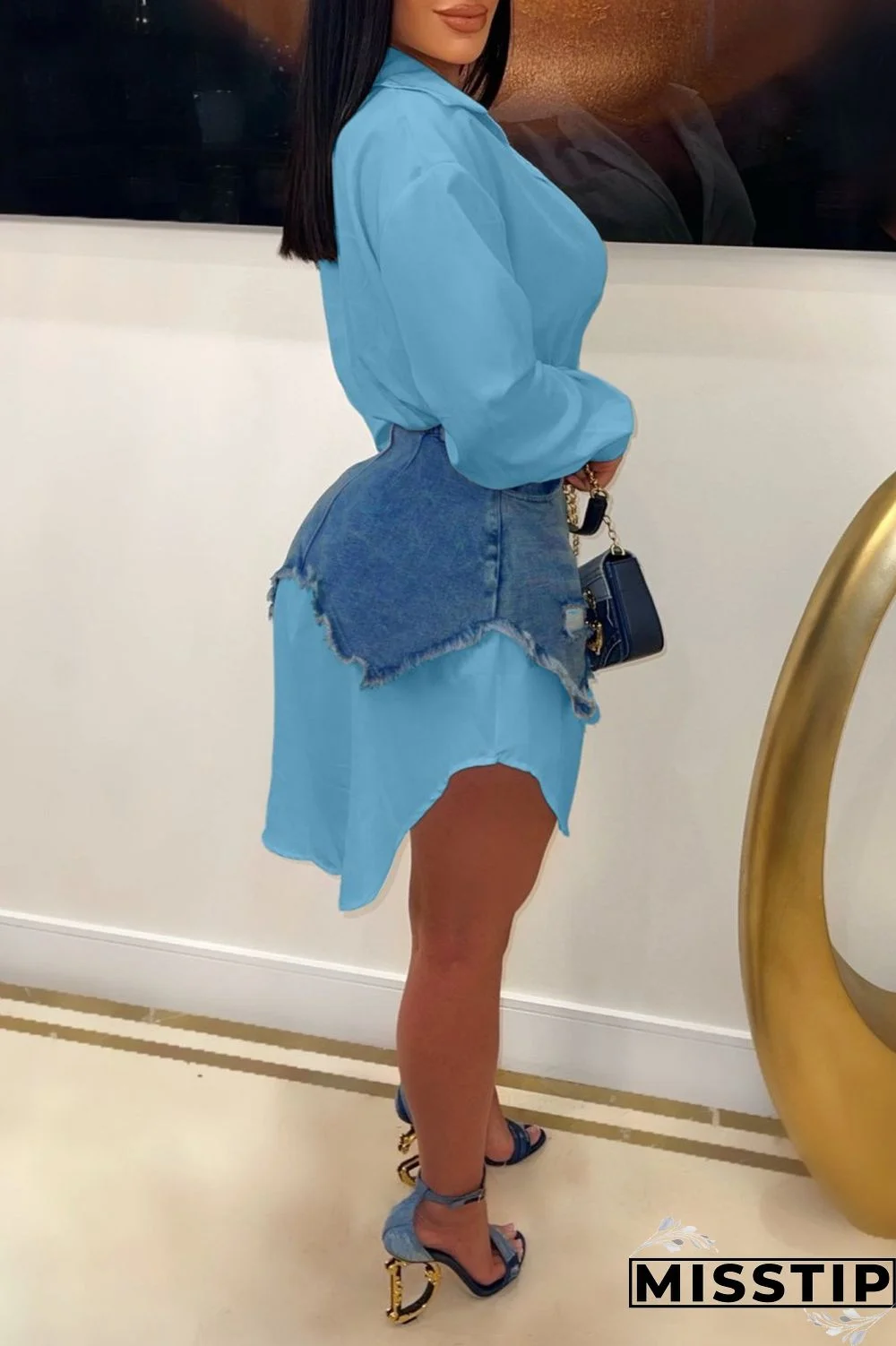 Black Casual Solid Ripped Turndown Collar Long Sleeve Two Pieces