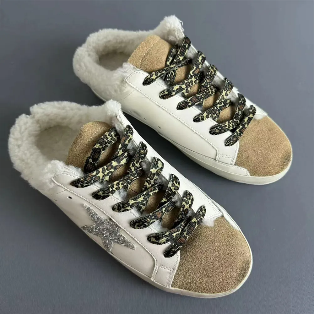Gentleman's Skate Sneakers Low Top Round Toe Stars Print Causal Shoes Plush Slippers Genuine Leather-vocosishoes