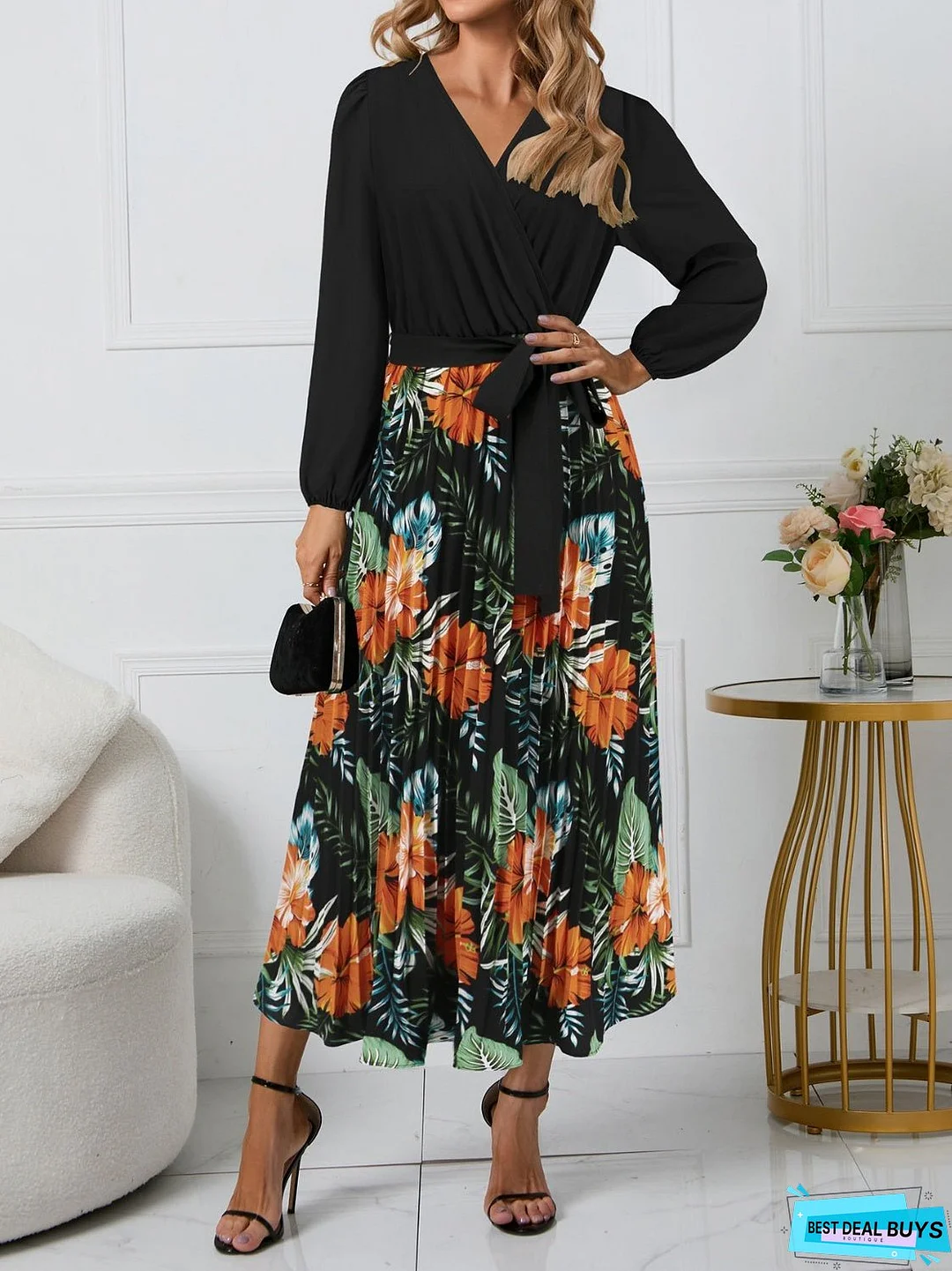 Pleated Printed Surplice Long Sleeve Dress