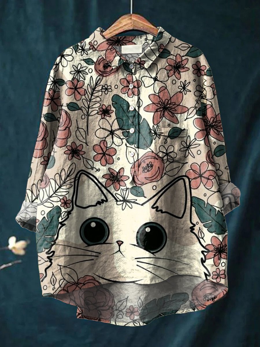 Women's Cute Kitten Flowers Print Casual Cotton And Linen Shirt
