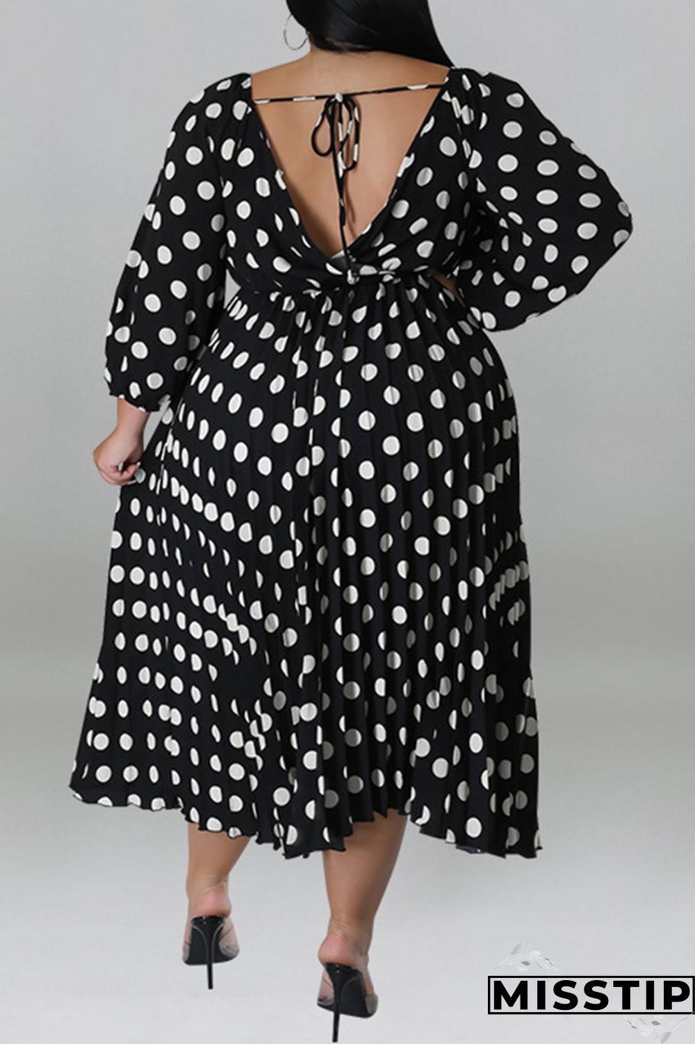 Black Casual Dot Print Patchwork Backless O Neck Long Sleeve Plus Size Dresses (Without Belt)