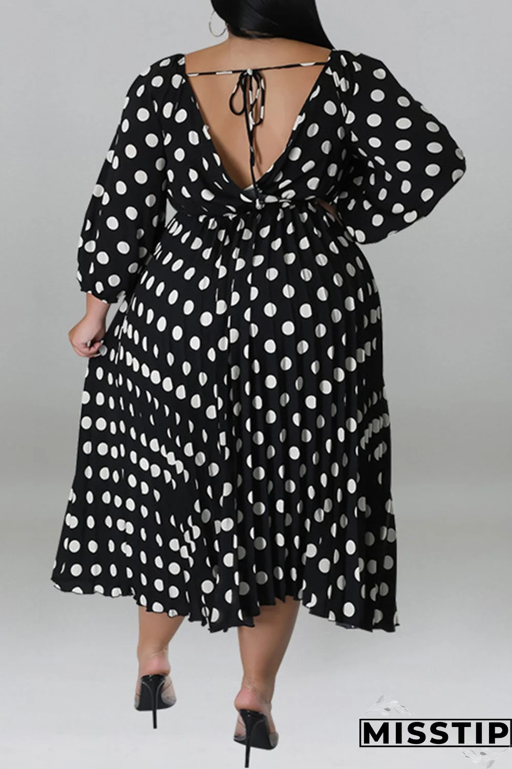 Black Casual Dot Print Patchwork Backless O Neck Long Sleeve Plus Size Dresses (Without Belt)