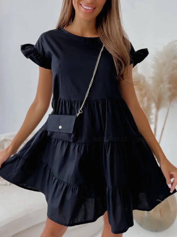 Uveng Flared Sleeve Round Neck Irregular Hem Dresses