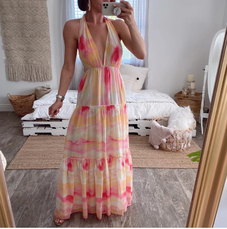 Uveng Uveng New Women's Dress Gradient Deep V Multi-Rope Band Strap-In Irregular Dress Dress Woman